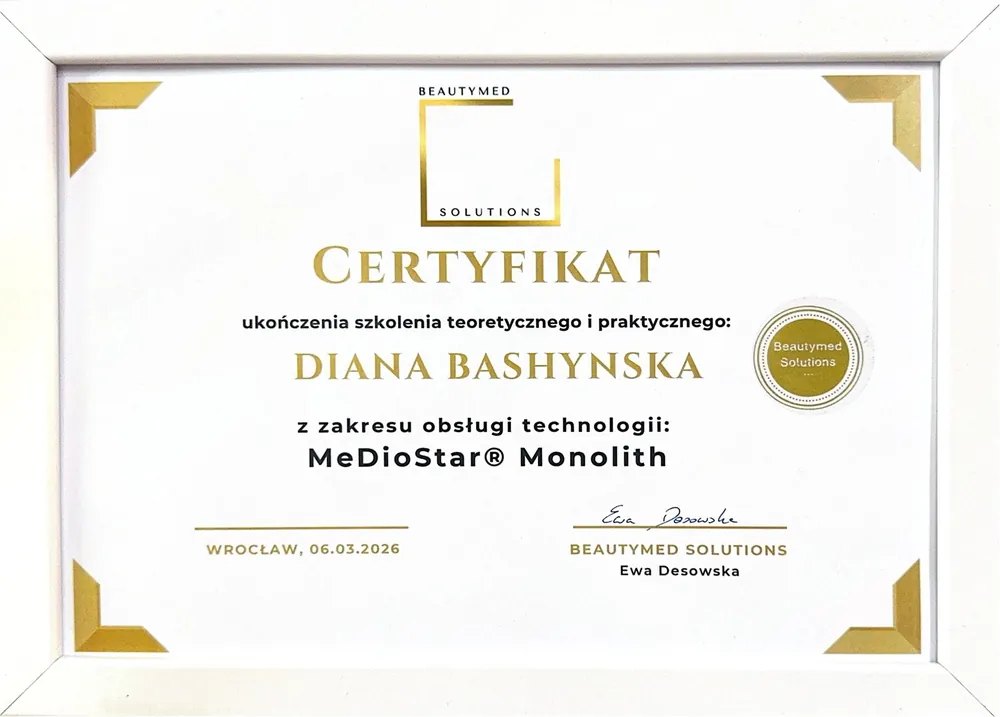 Certyfikat Diany Bashynskiej: szkolenie z obsługi MeDioStar Monolith, Beautymed Solutions, 6.03.2026