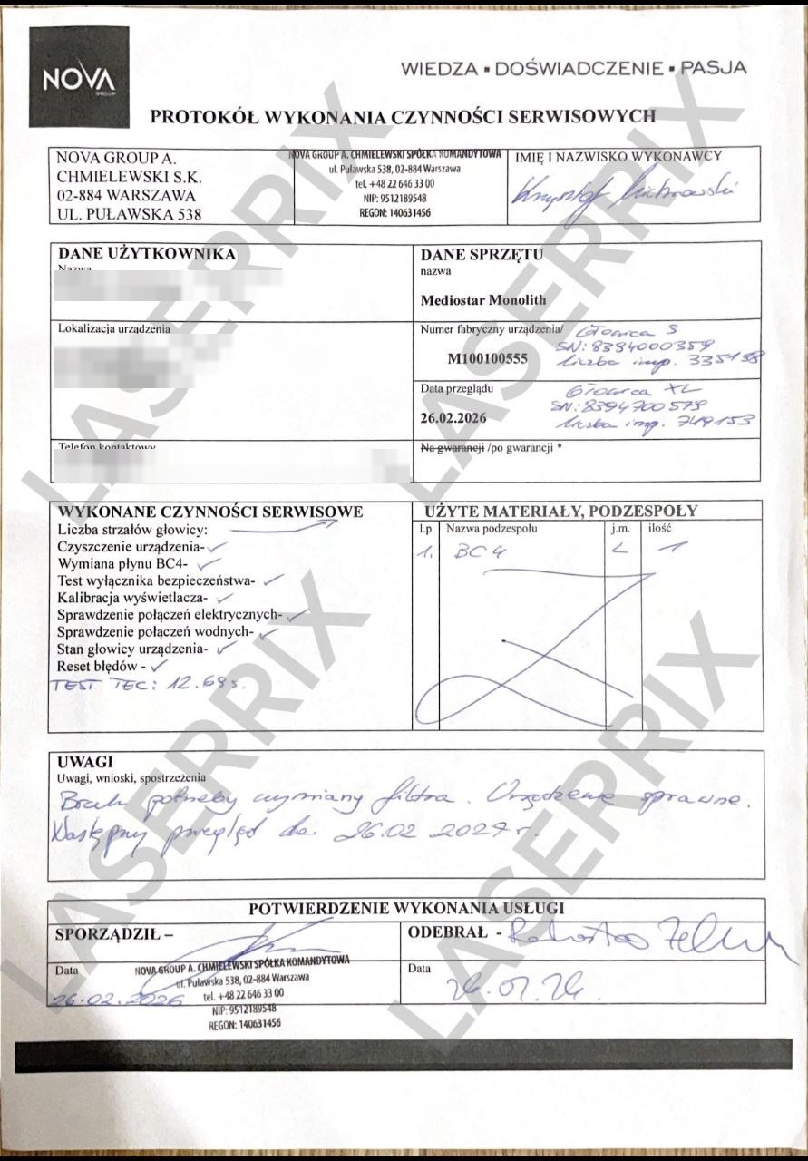 Protokół przeglądu serwisowego NOVA Group z 26.02.2026, numer fabryczny M100100555